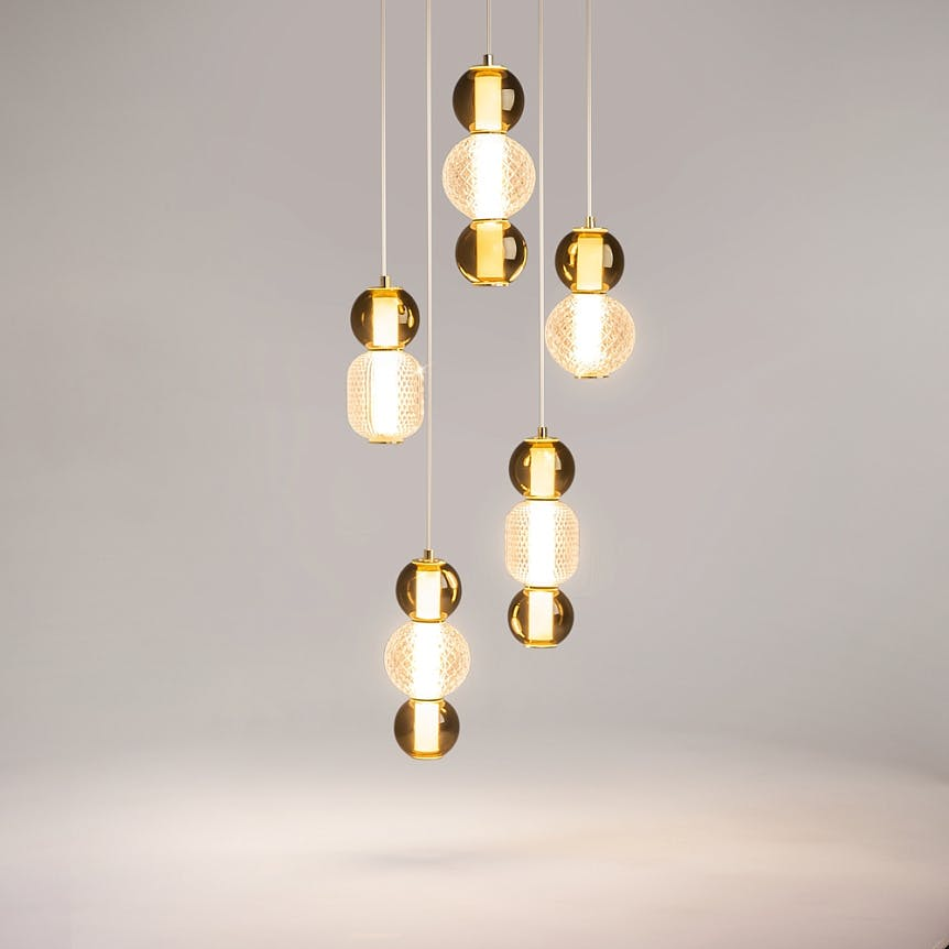 Suspension verre taillé, 5 abat-jour suspendus dorés ADA