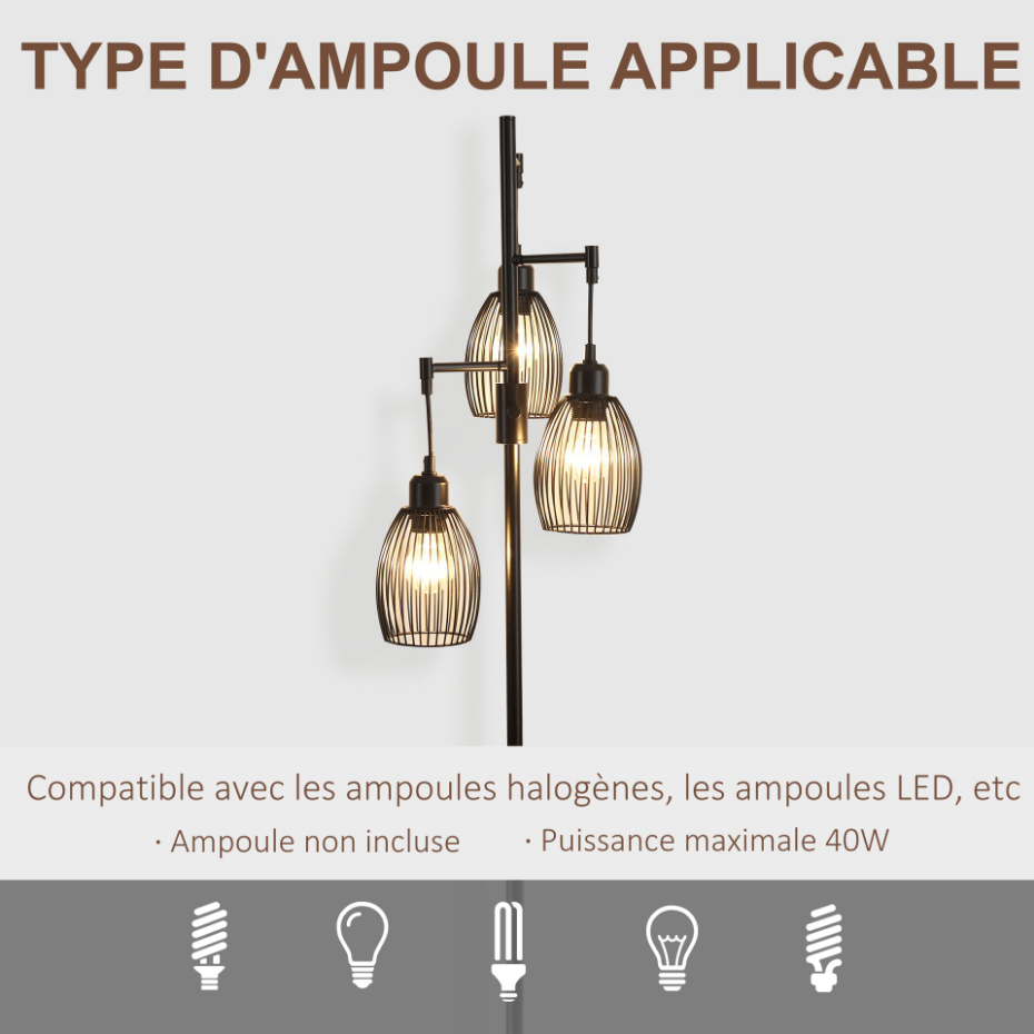 Lampadaire design industriel 3 têtes métal filaire acier noir