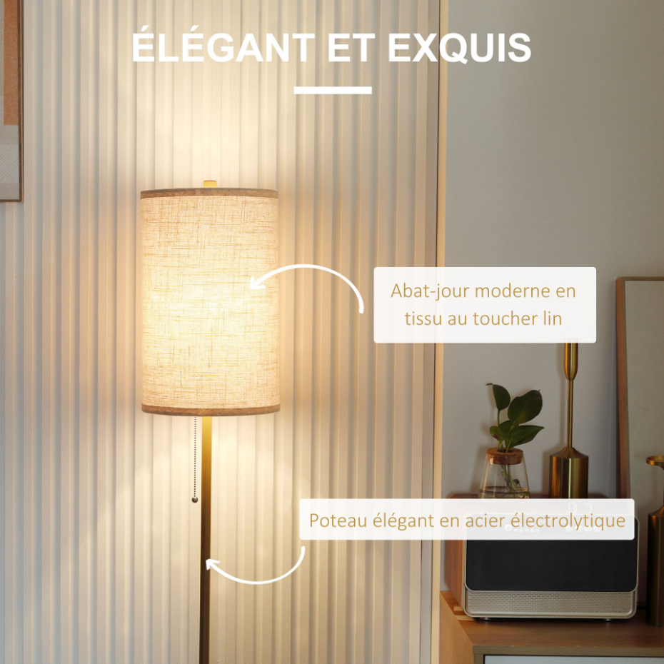 Lampadaire design néo-rétro acier doré abat-jour lin crème