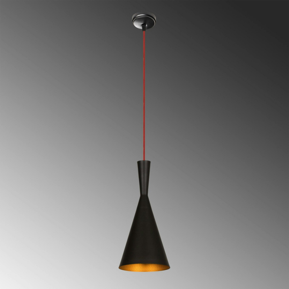 Lampe de chevet suspendue noire mat câble rouge, forme cône SILE