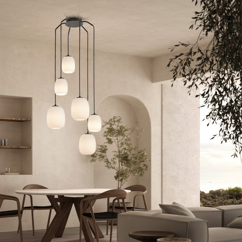 Grande suspension 6 lampes verre opale Jap