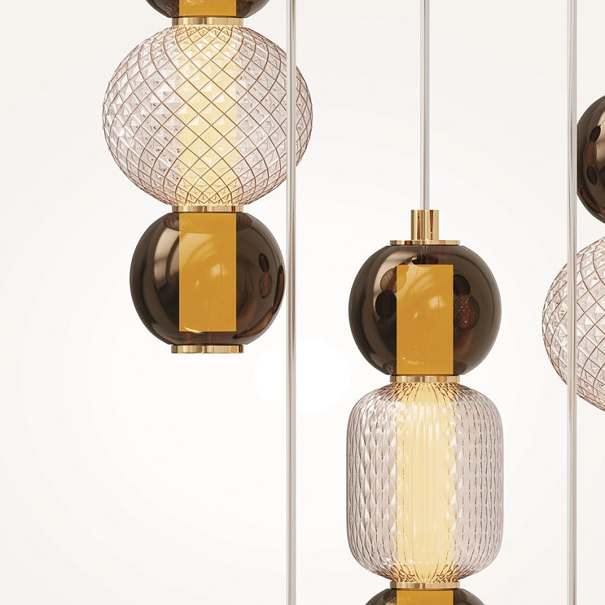 Suspension verre taillé, 5 abat-jour suspendus dorés ADA