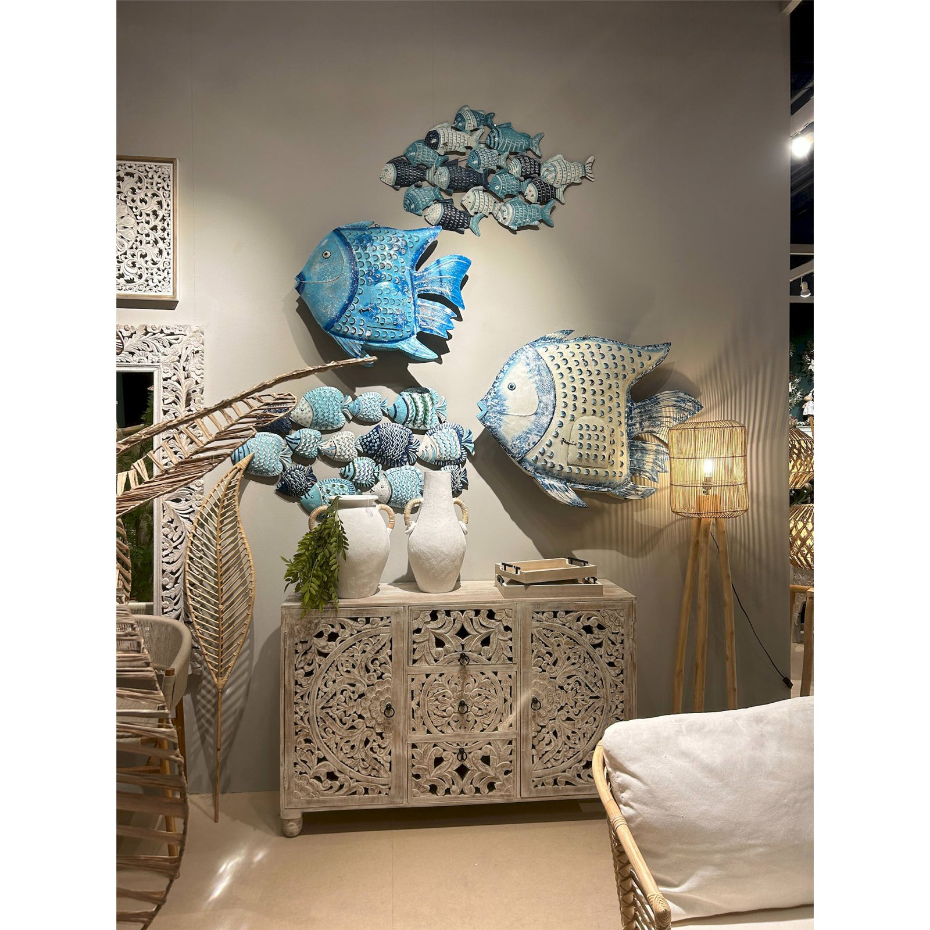 Lampadaire en bois et rotin forme organique