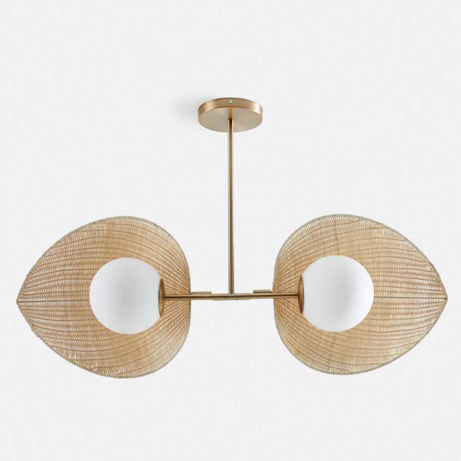 Suspension double opaline, rotin et laiton, Javana