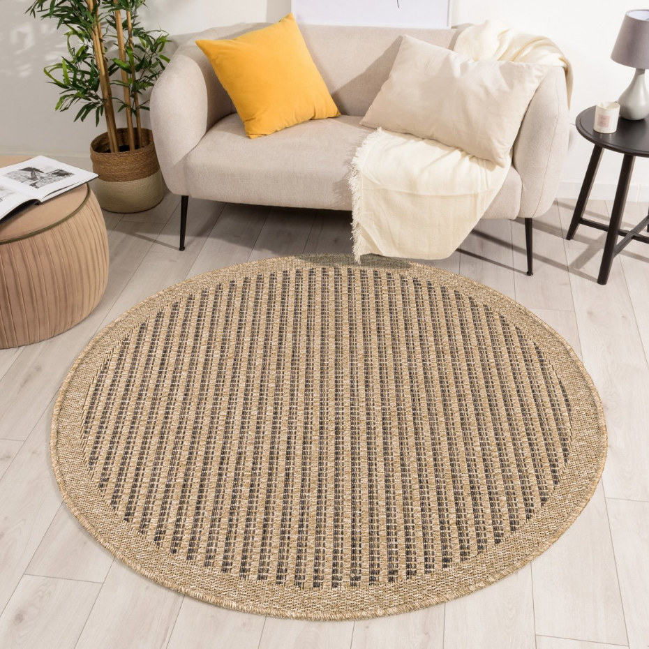 Tapis intérieur extérieur rond aspect jute motifs lignes NATURE