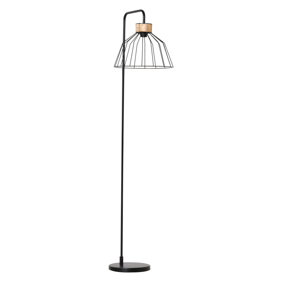 Lampadaire design industriel grillagé et arqué métal noir rotin