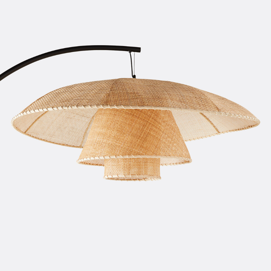 Lampadaire arc métal acier et rotin, Lola