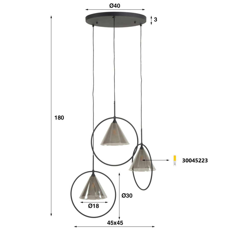 Suspension design en verre fumé 3 abat-jour coniques RALF