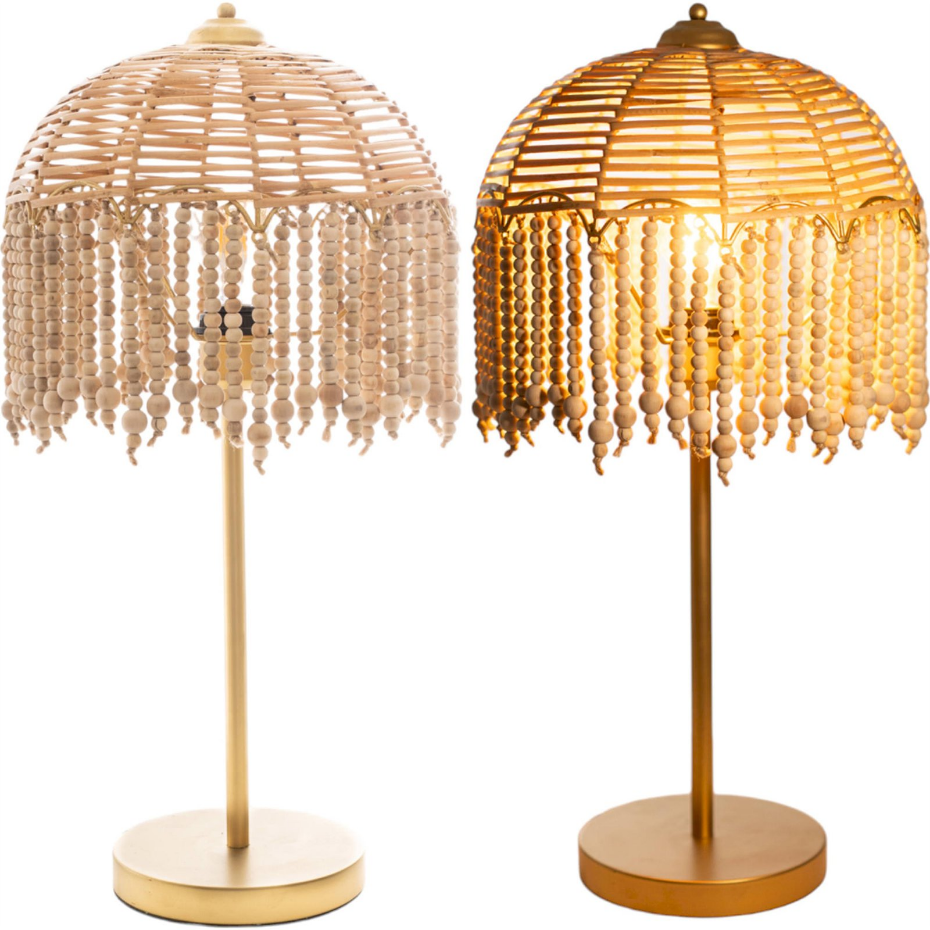 Lampe décorative ronde en rotin, métal et bois