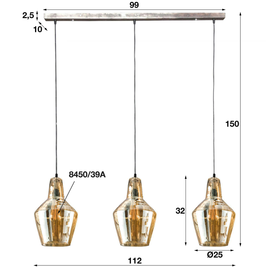 Suspension 3 lampes en verre ambré vintage LUCKNOW