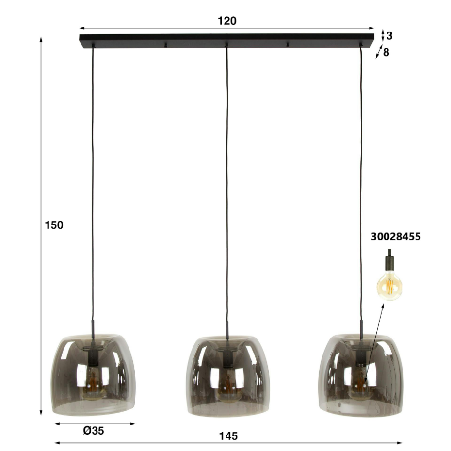 Suspension de table à manger en verre fumé forme cloche 3 abat-jour NIAGARA