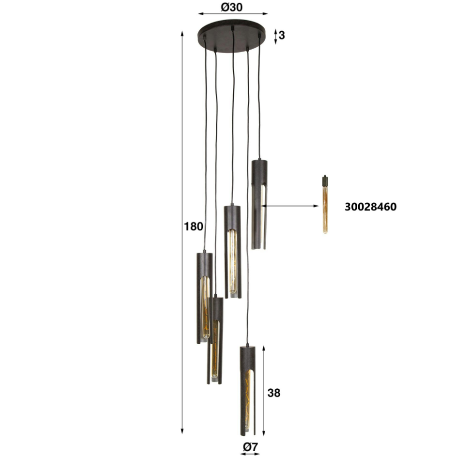Suspension noire 5 abat-jour forme tube RALF