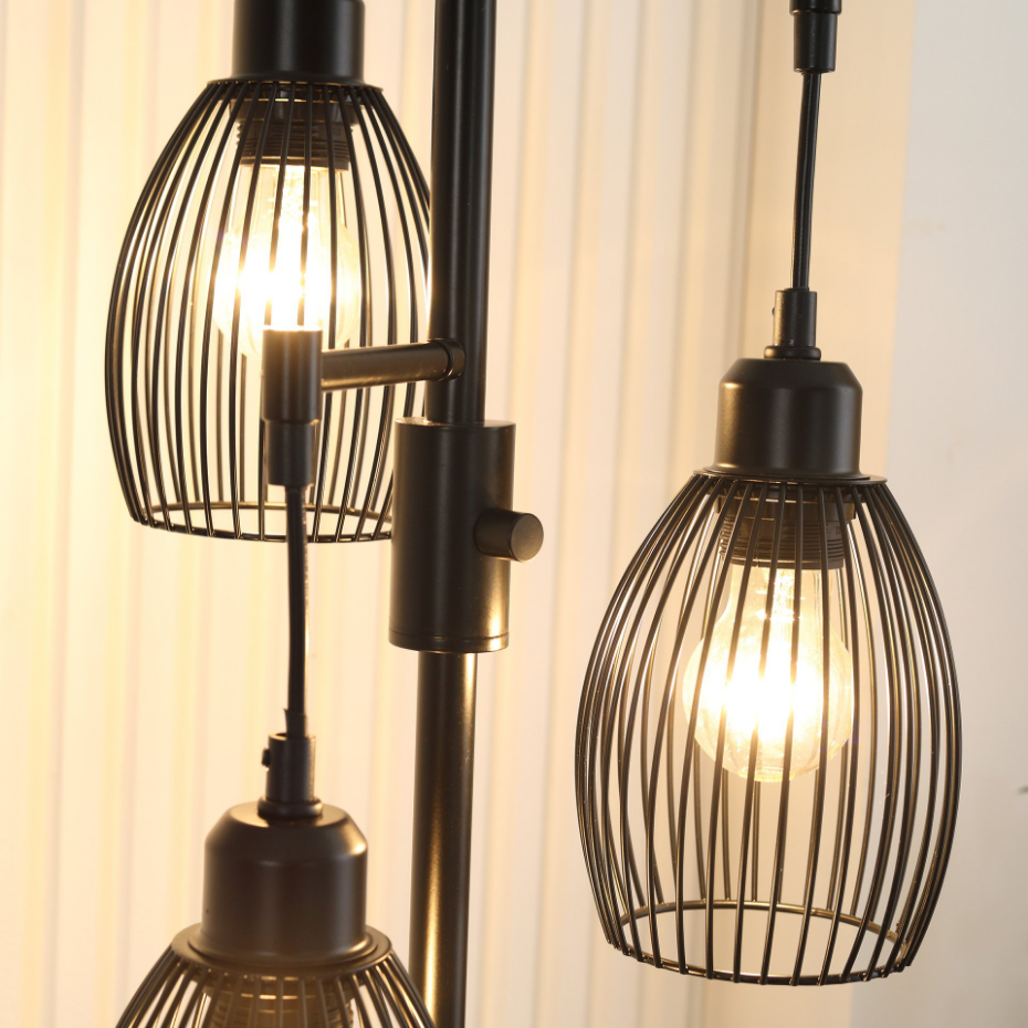 Lampadaire design industriel 3 têtes métal filaire acier noir