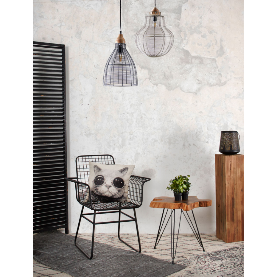 Lampe suspension en métal laqué gris et bois Cloche