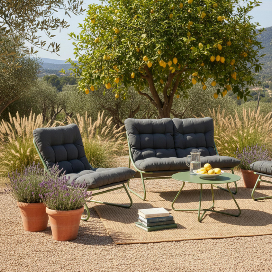 Salon de jardin 4 places en métal avec 1 canapé, 2 fauteuils et table basse, DUMBEA