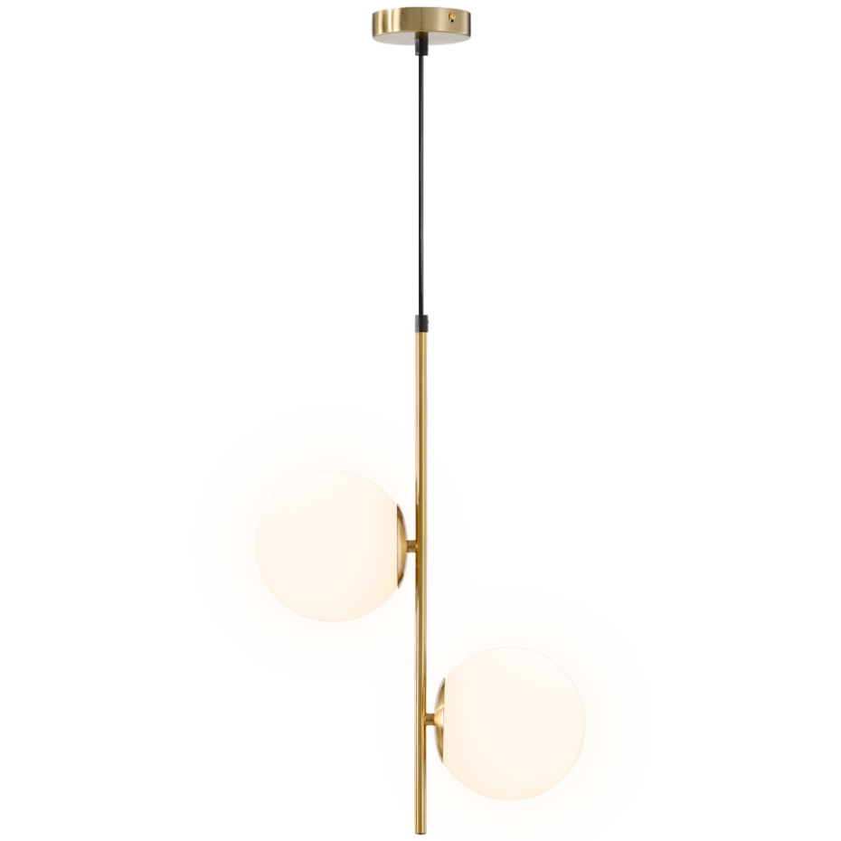 Suspension design néo-rétro 2 globes verre blanc opaque métal doré