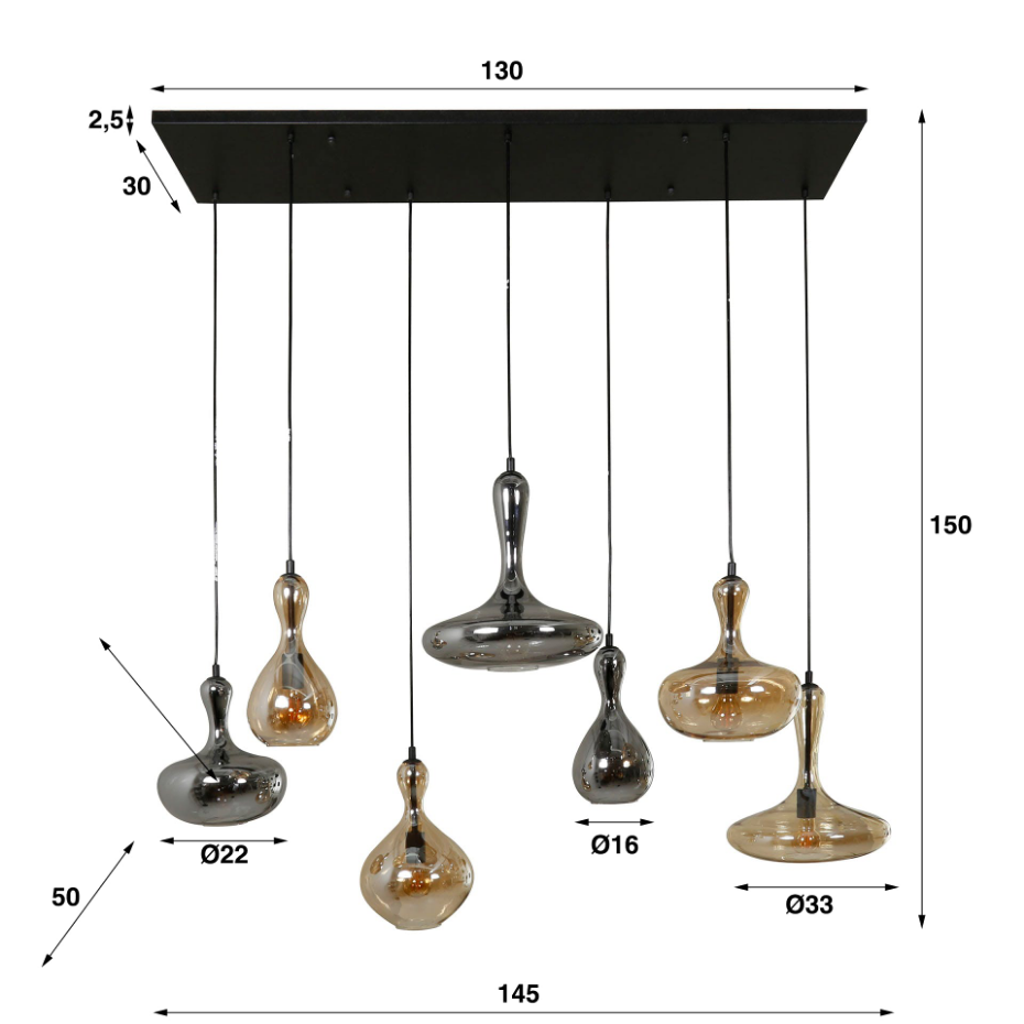 Suspension multiple en verre teinté 7 lampes NOVA