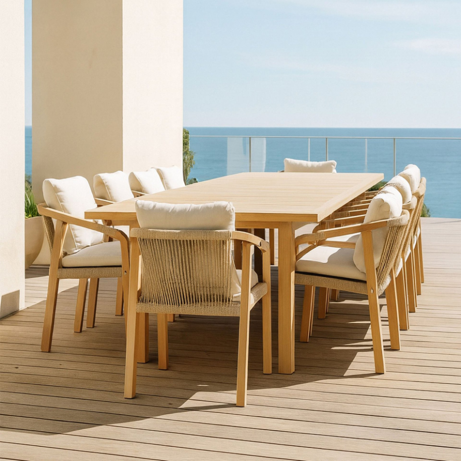 Salon de jardin table extensible 170/230cm avec 10 fauteuils en bois d'acacia, SAONA