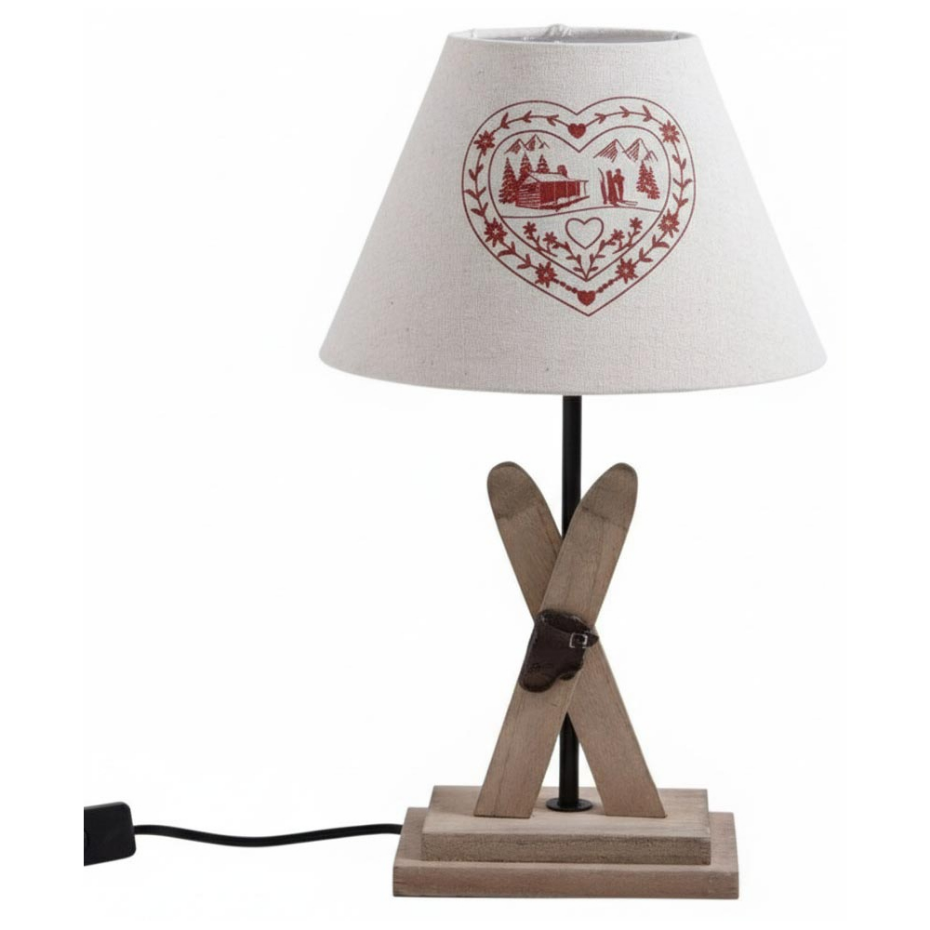Lampe avec pied en bois décor ski