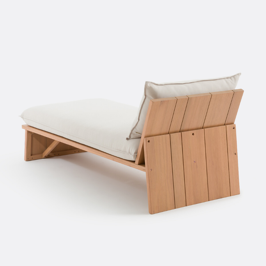 Méridienne de jardin en eucalyptus, avec coussins, BRUT