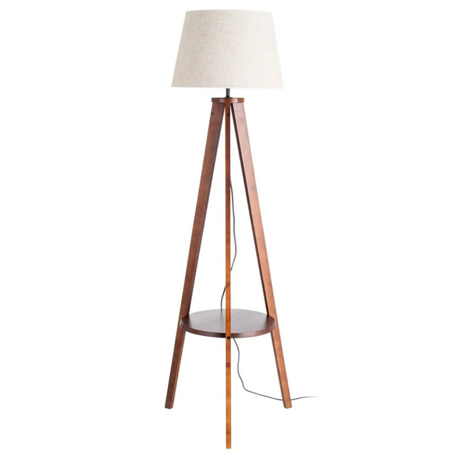 Lampadaire bois et abat-jour beige avec étagère 50x50x151cm
