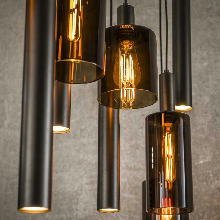 Suspension îlot cuisine verre brun et métal 9 lampes NOVA