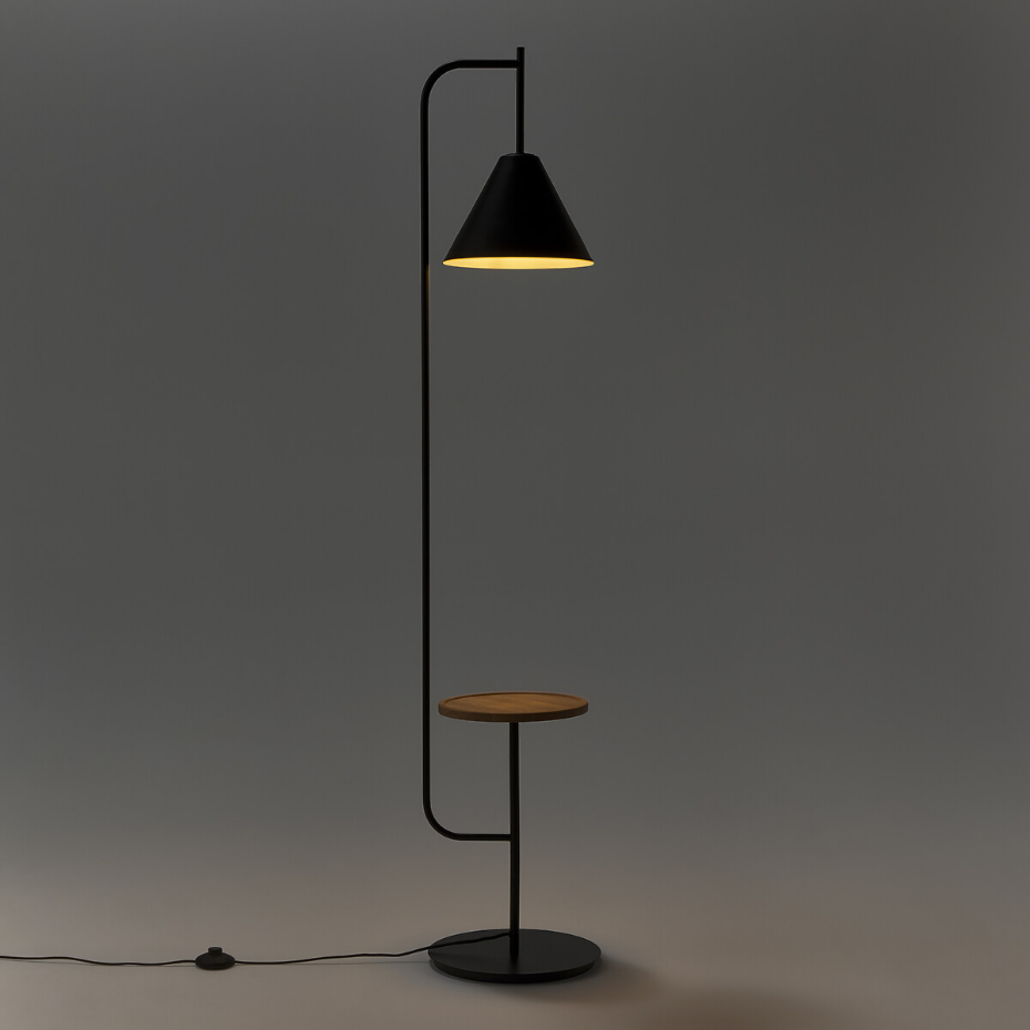 Lampadaire avec tablette métal fer et chêne, Mugli