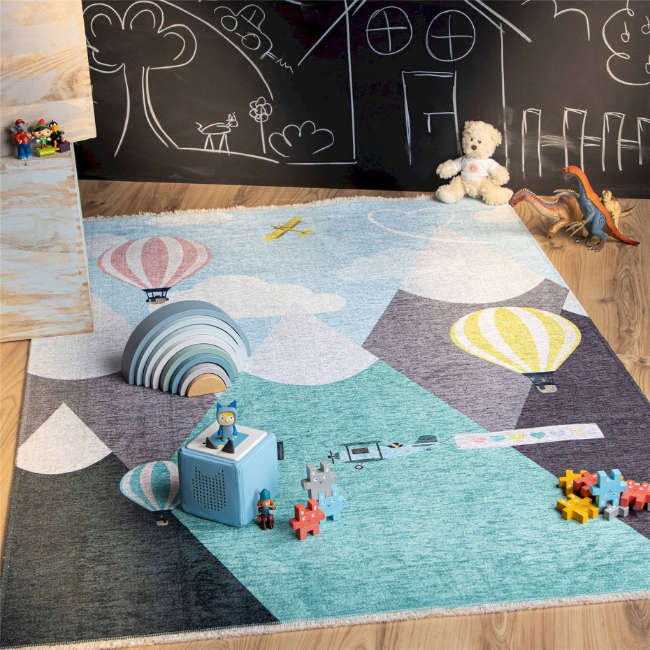 Tapis enfant en coton motif montgolfières