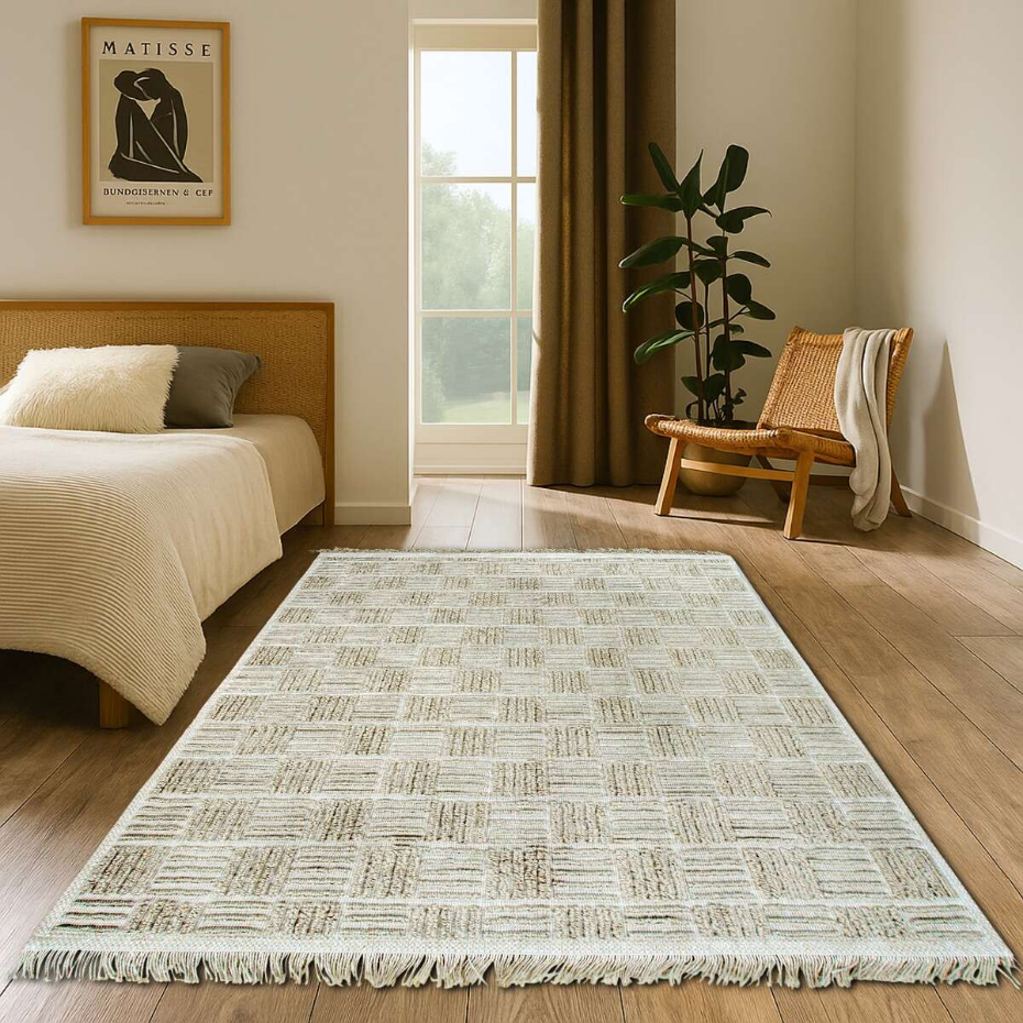 Tapis salon damier en jute  artisanal reliefs  JUTE NATUREL - style bohème