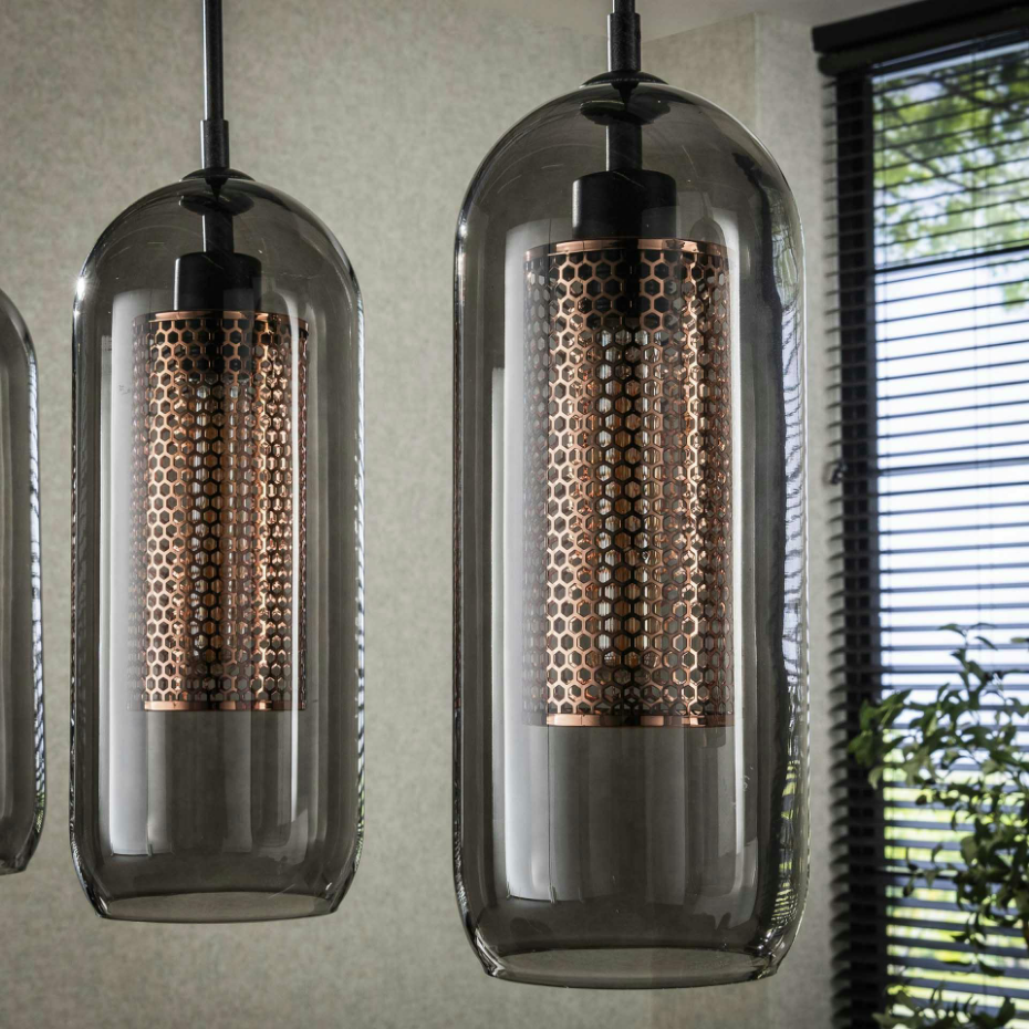 Suspension en verre fumé et métal cuivré 4 lampes horizontales NOVA