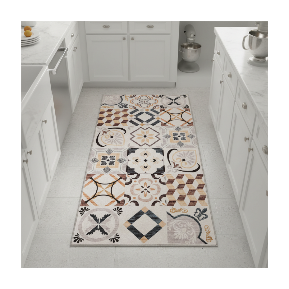 Tapis cuisine ou salle de bain motif géométrique, texture kilim, LYN11 C, design original