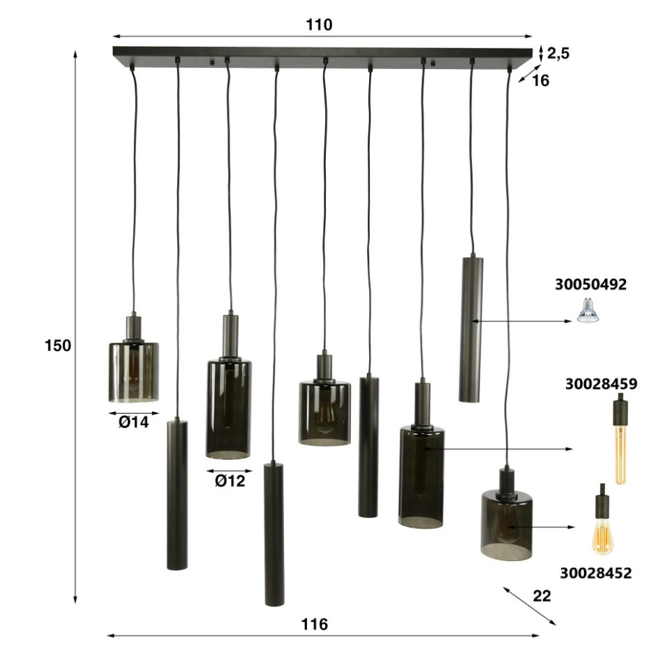 Suspension îlot cuisine verre brun et métal 9 lampes NOVA
