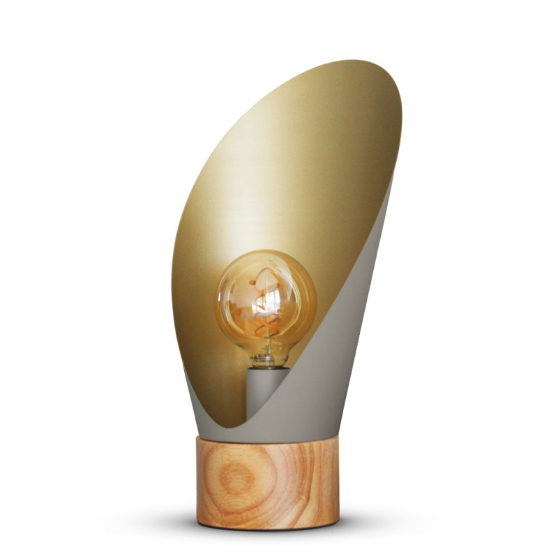 Lampe A Poser Spoon Xl Métal Gris Taupe Socle En Bois