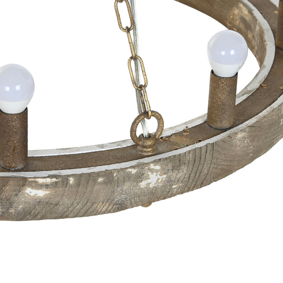 Plafonnier rond en bois  et métal vieilli 9 ampoules 78x78x13cm