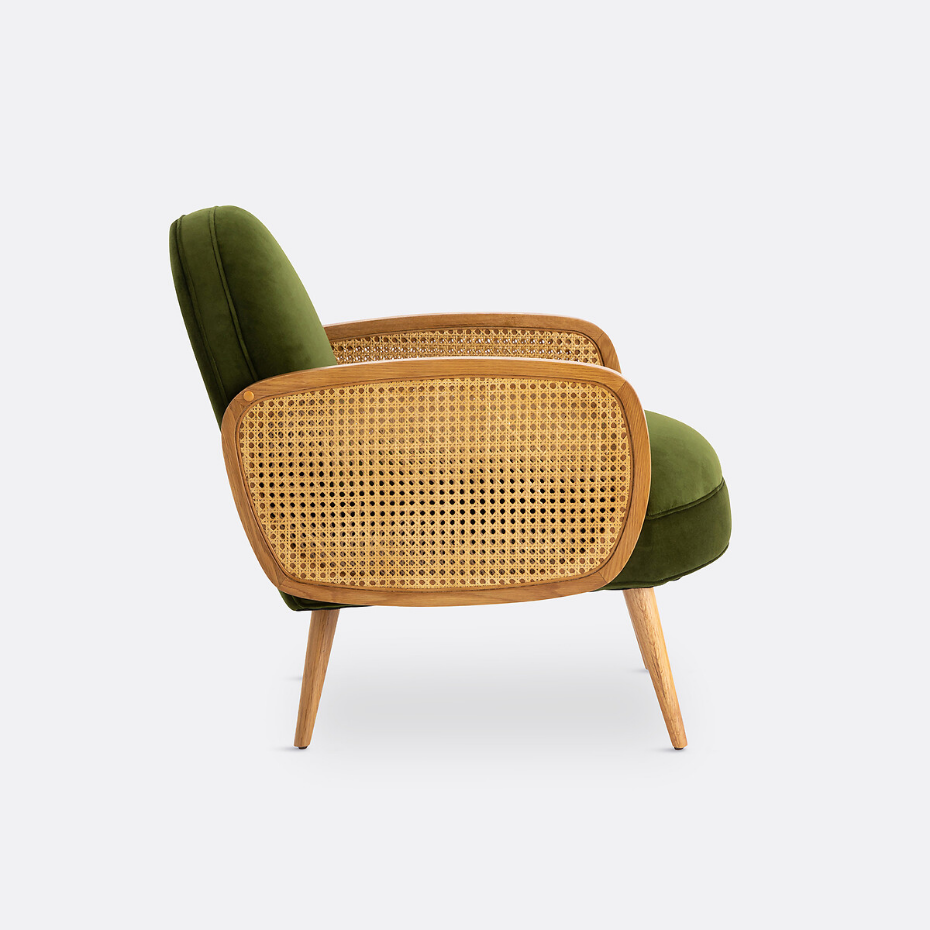 Fauteuil velours et cannage, Buisseau