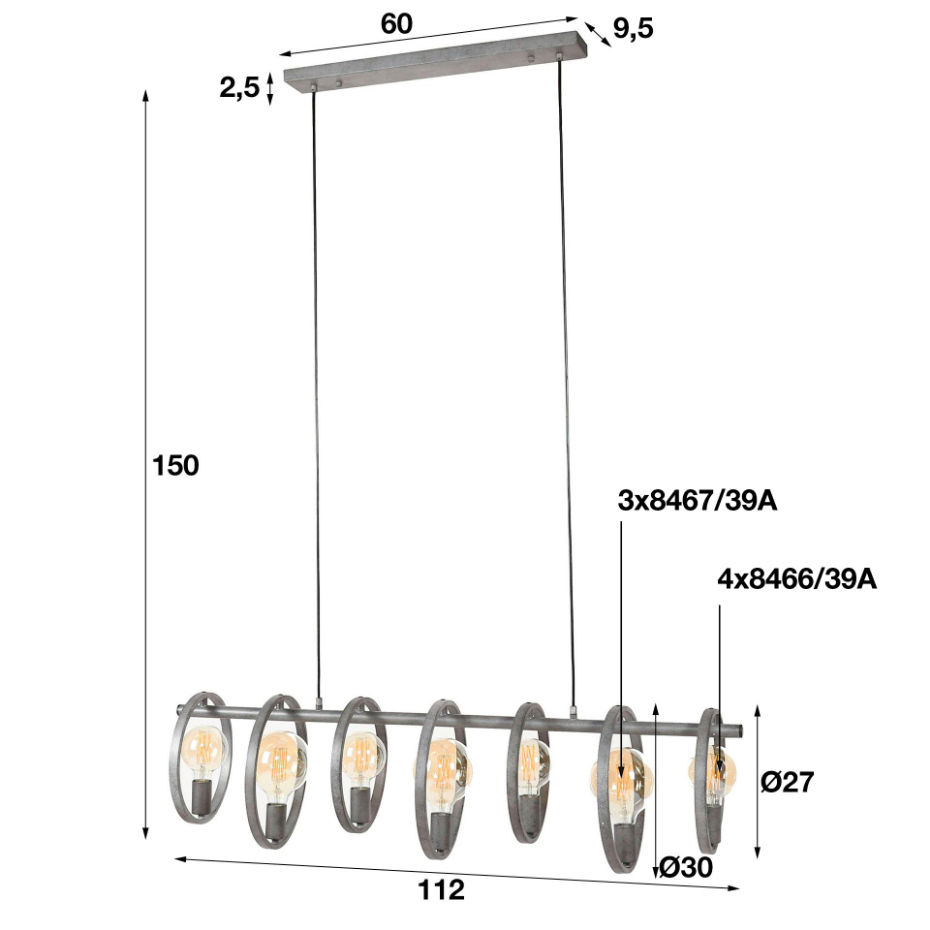 Suspension industrielle 7 lampes cercles finition argent vieilli RALF