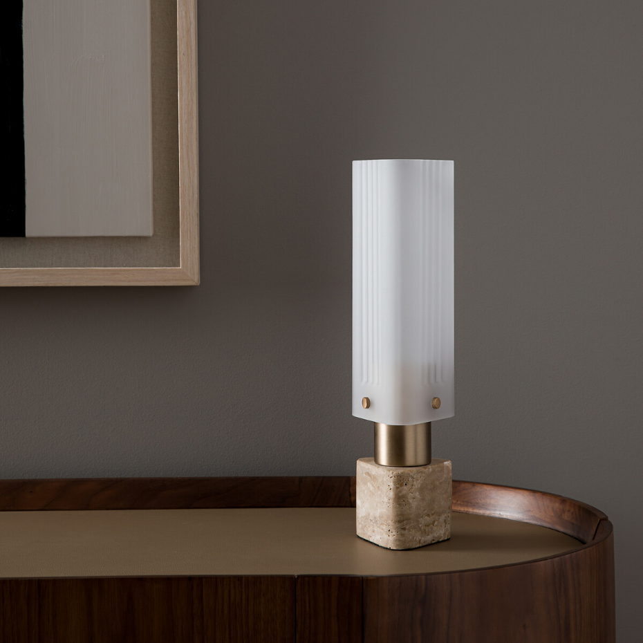 Lampe verre et travertin, Strozzi, design Emmanuel Gallina
