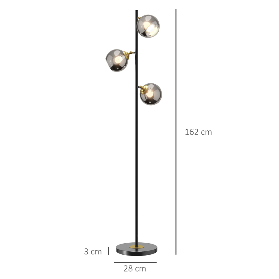 Lampadaire globe design néo-rétro 3 ampoules orientables H. 162 cm métal noir doré verre gris