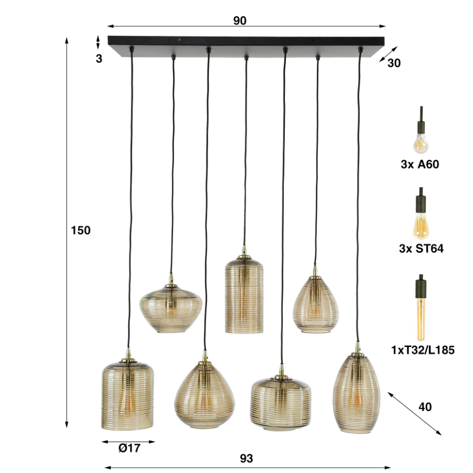 Suspension en verre strié 7 lampes ambrées NOVA