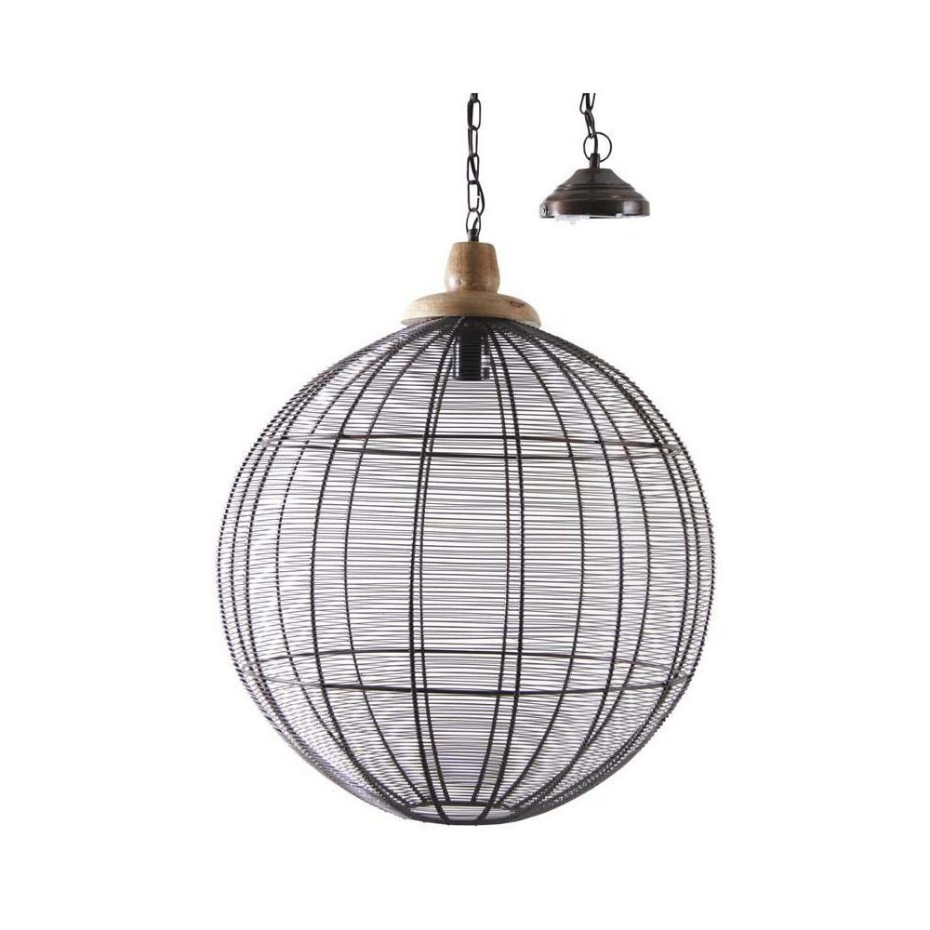 Lampe suspension en métal laqué gris et bois Boule
