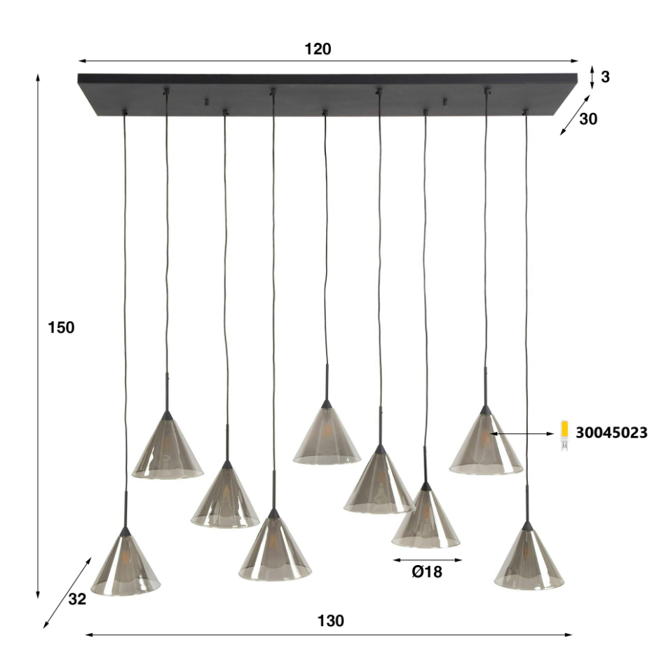 Suspension design en verre fumé 9 abat-jour coniques RALF