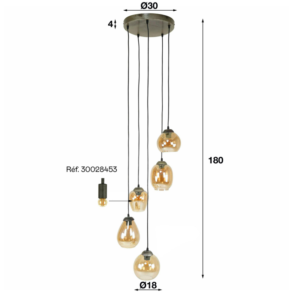 Suspension en verre ambré verticale avec ens. 5 abat-jour NOVA