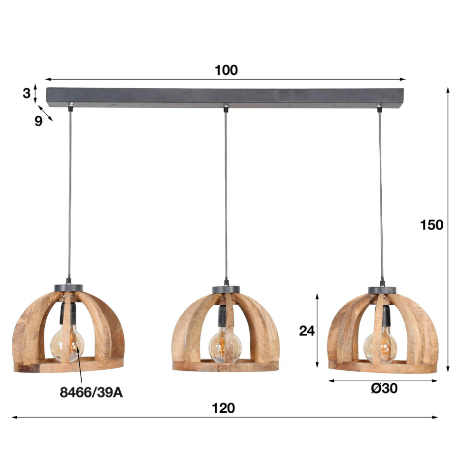 Suspension contemporaine 3 lampes ajourées bois de manguier LUCKNOW