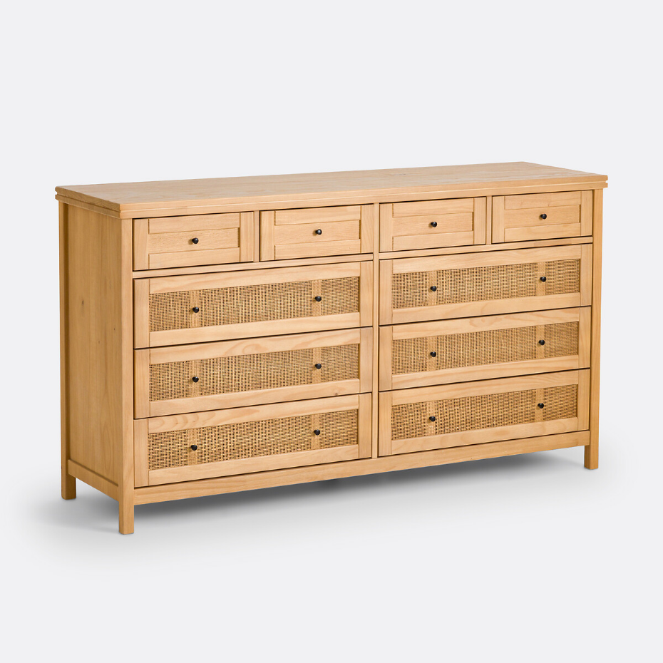 Commode en pin massif et cannage 10 tiroirs, Gabin