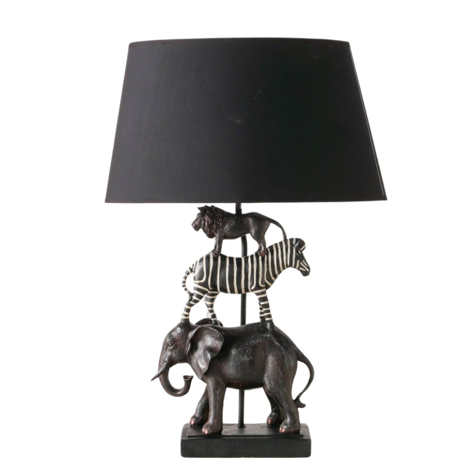 Lampe à poser résine noire animaux sauvages 43.5x26x64.5cm