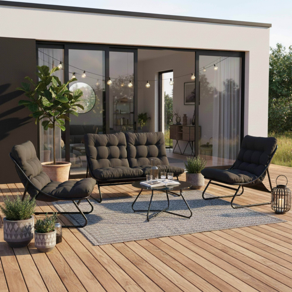 Salon de jardin 4 places en métal avec 1 canapé, 2 fauteuils et table basse, DUMBEA