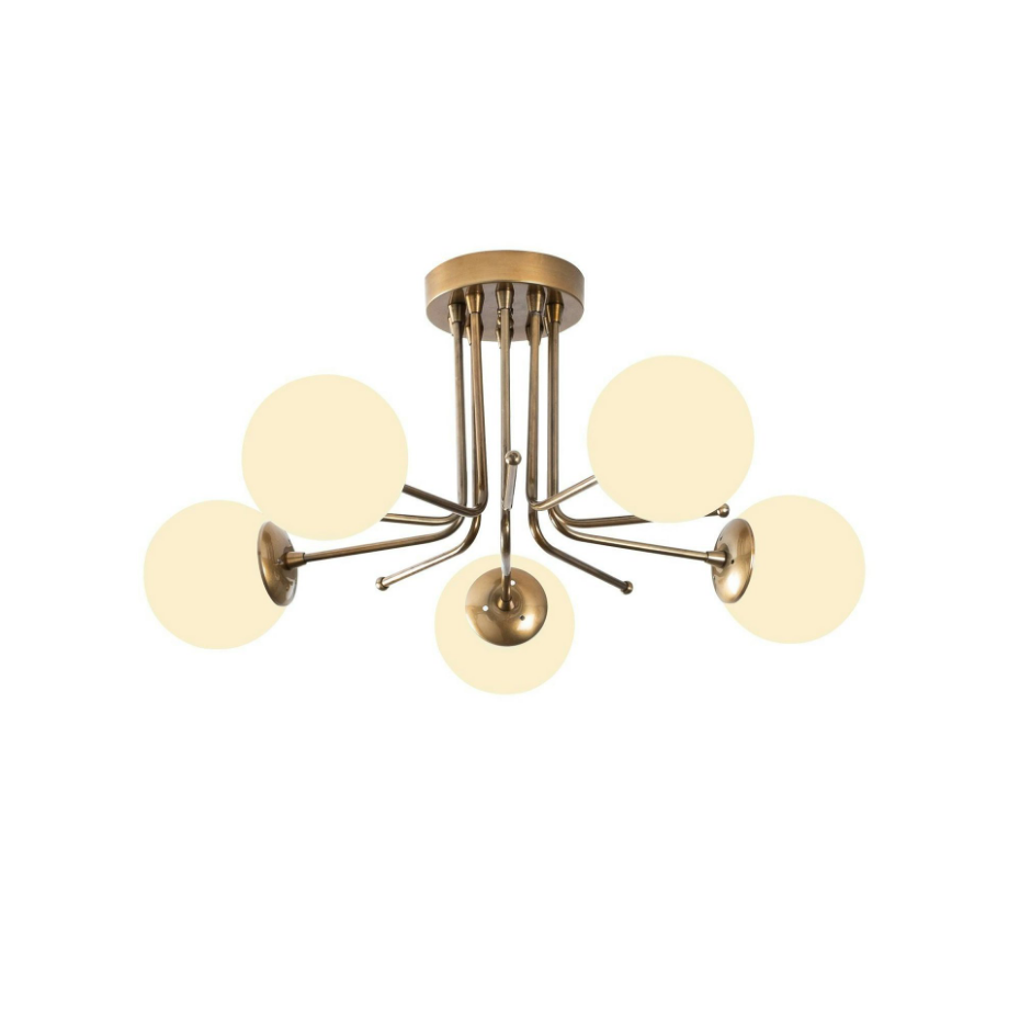 Plafonnier vintage métal doré 5 globes verre dépoli SIERRE