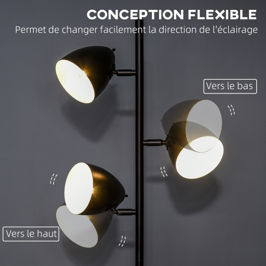 Lampadaire design industriel 3 abats-jours orientables acier noir