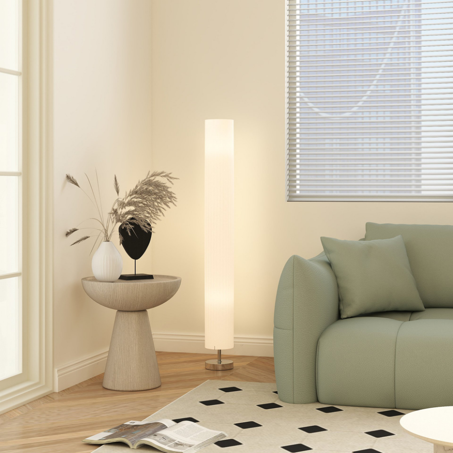 Lampadaire colonne sur pied design H.120 cm acier inox tissu blanc