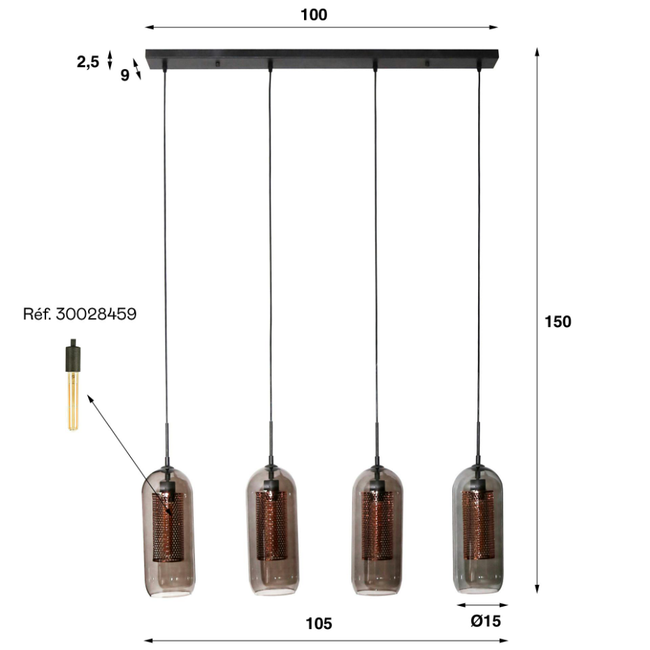 Suspension en verre fumé et métal cuivré 4 lampes horizontales NOVA